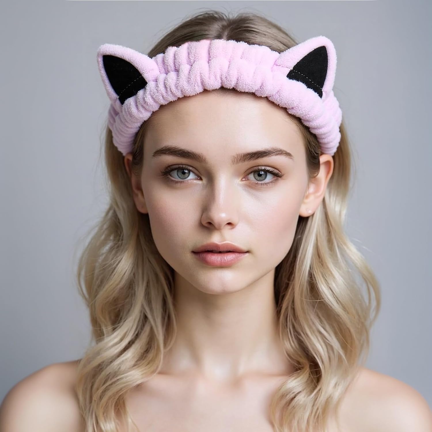 Pink fleece cat ear headband for skincare and makeup routine — side