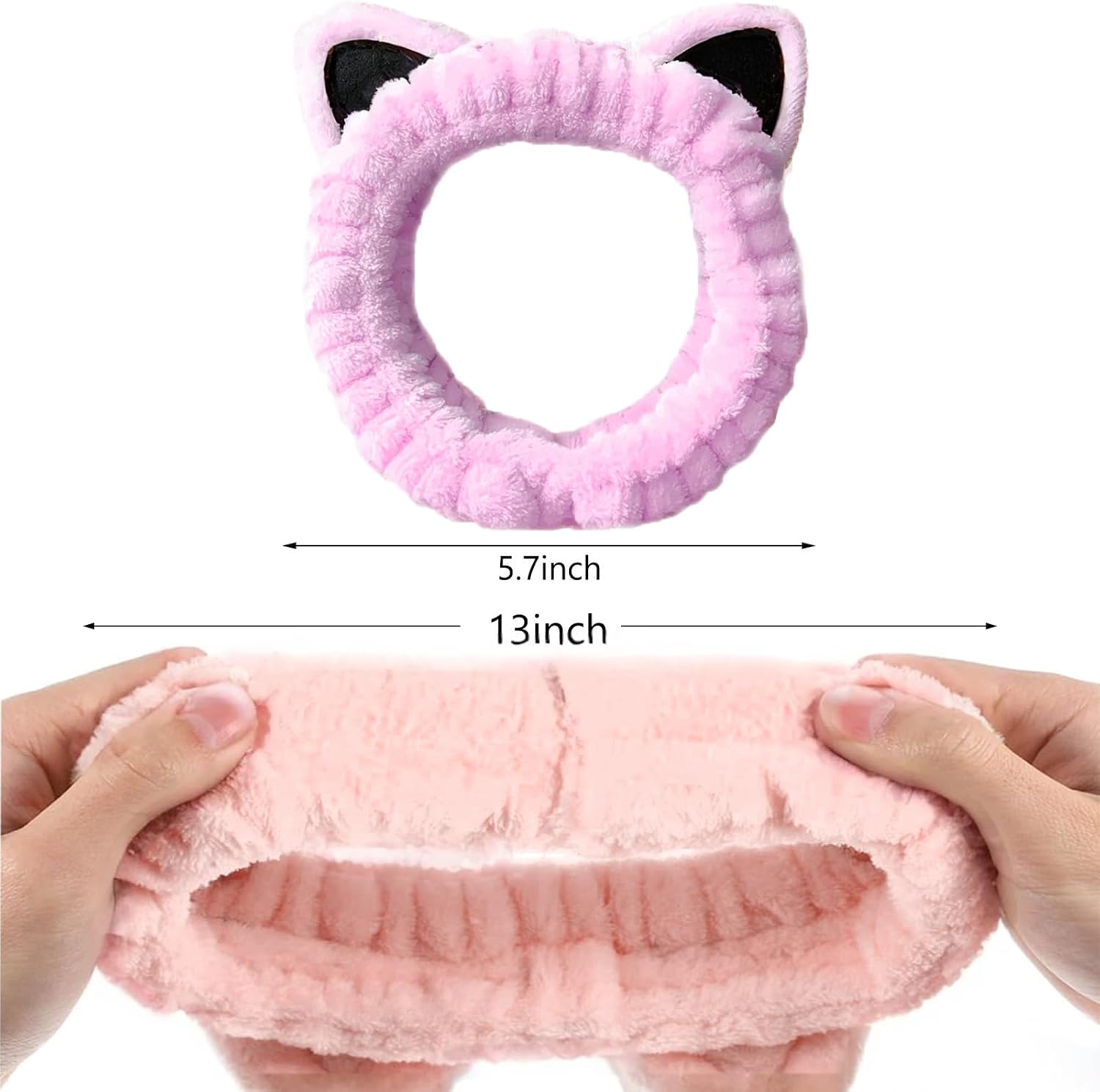 Pink fleece cat ear headband for skincare and makeup routine — back