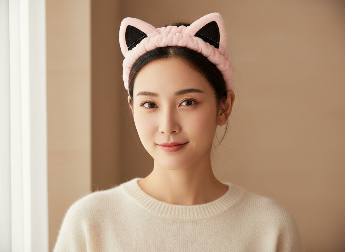 Pink fleece cat ear headband for skincare and makeup routine — view 1