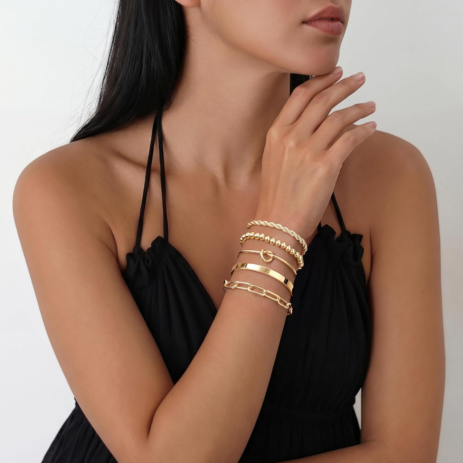 Gold-plated stackable bracelet set in various chunky styles — waterproof sterling silver — view 2