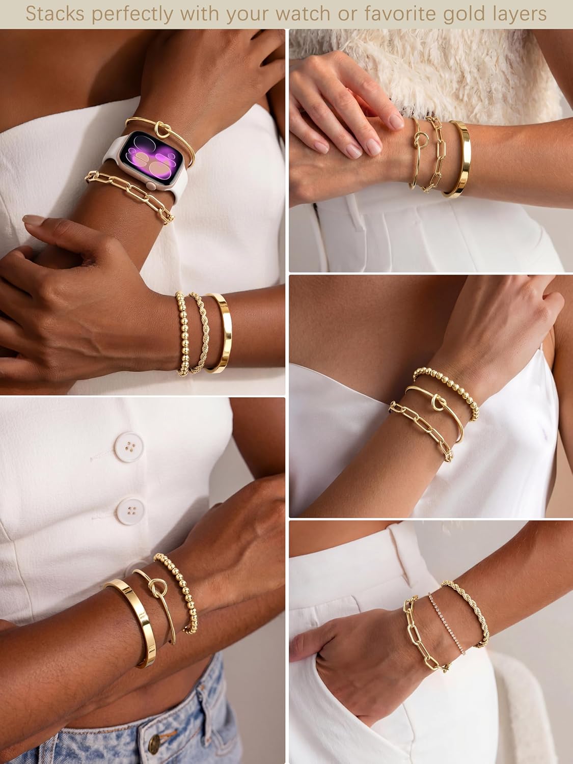 Gold-plated stackable bracelet set in various chunky styles — waterproof sterling silver — view 4