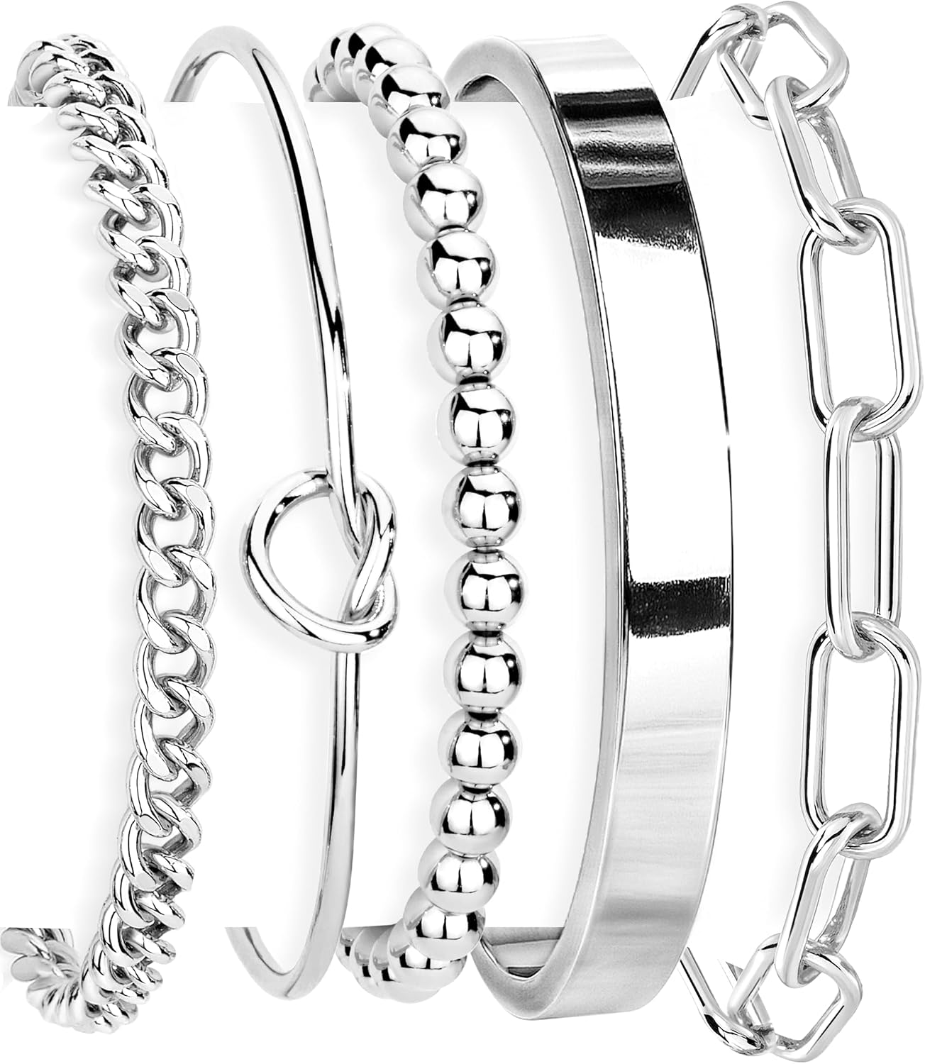 Gold-plated stackable bracelet set in various chunky styles — waterproof sterling silver — front