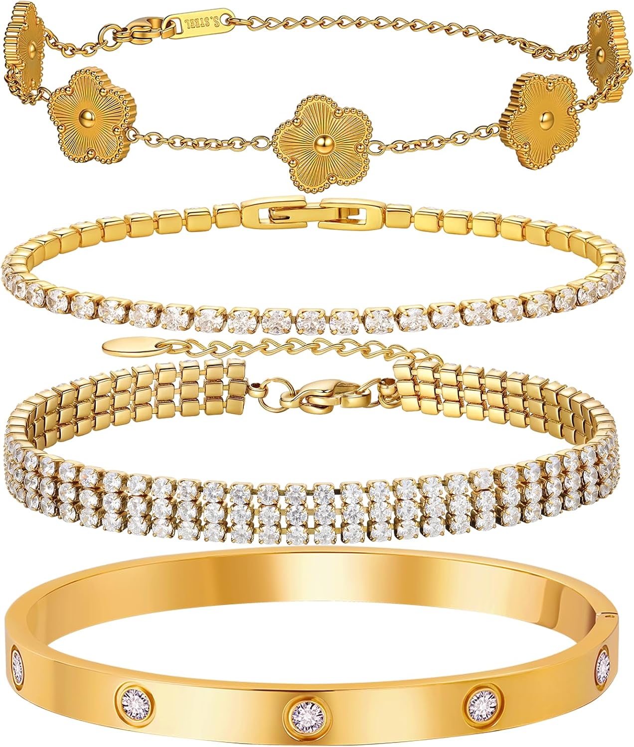 gold-plated bangle bracelet stack with floral clover and crystal accents, adjustable stackable design — view 2