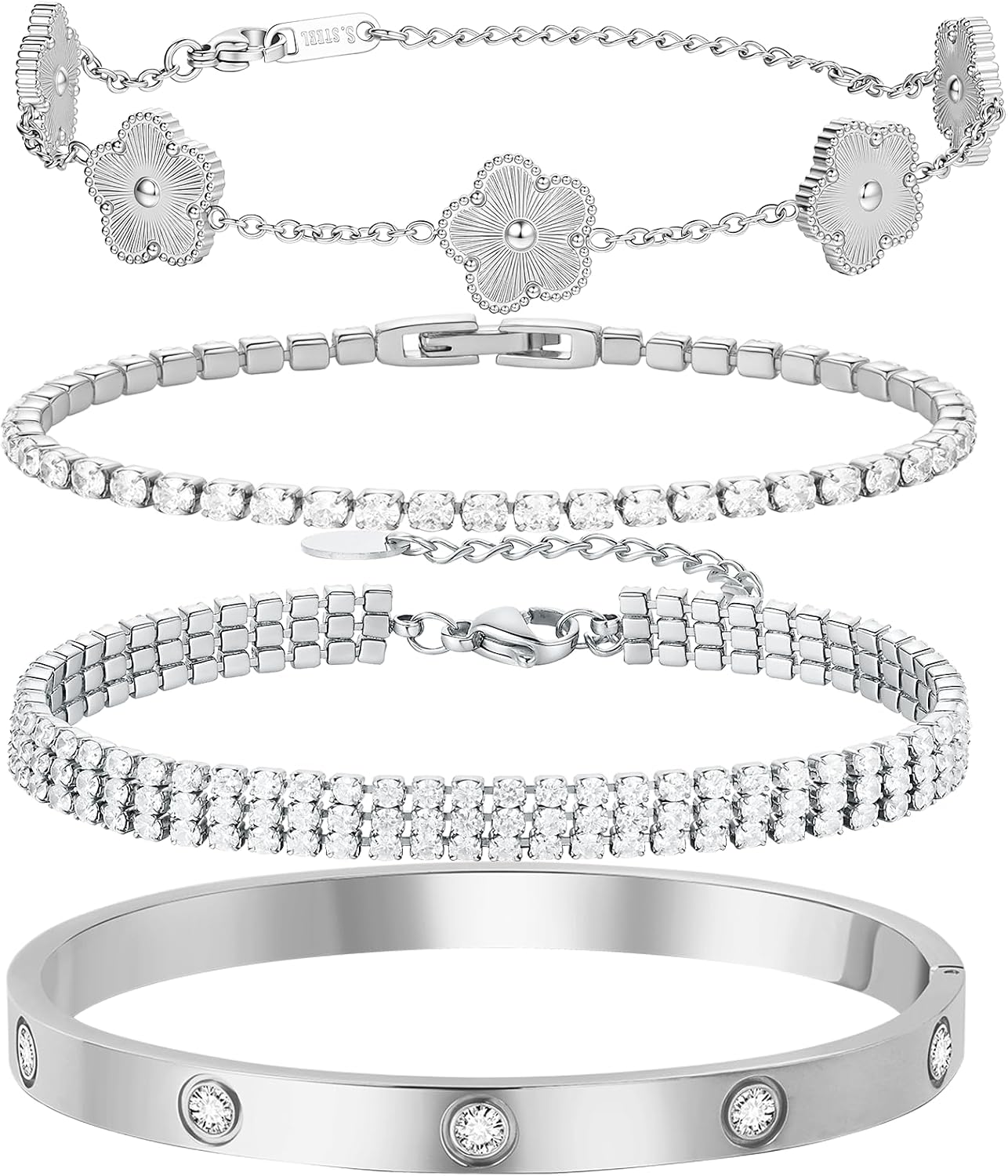 gold-plated bangle bracelet stack with floral clover and crystal accents, adjustable stackable design — view 5
