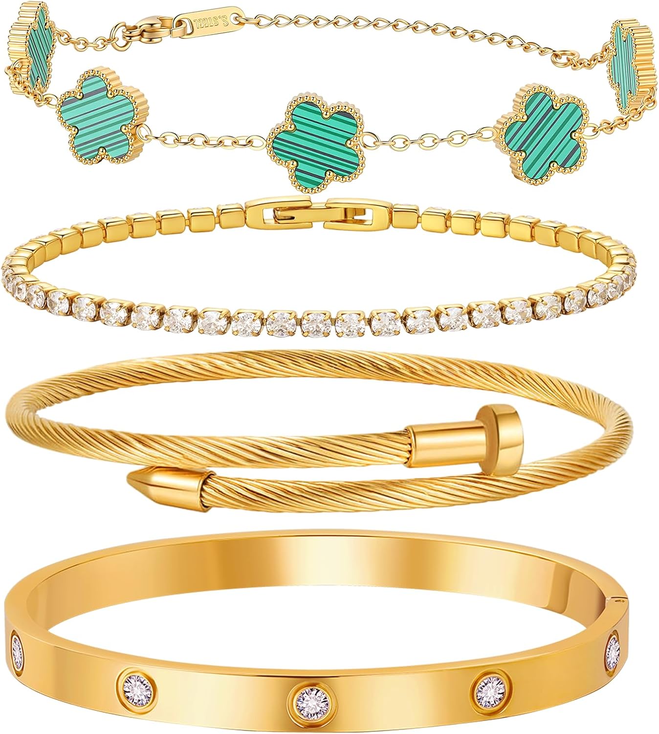 gold-plated bangle bracelet stack with floral clover and crystal accents, adjustable stackable design — view 6