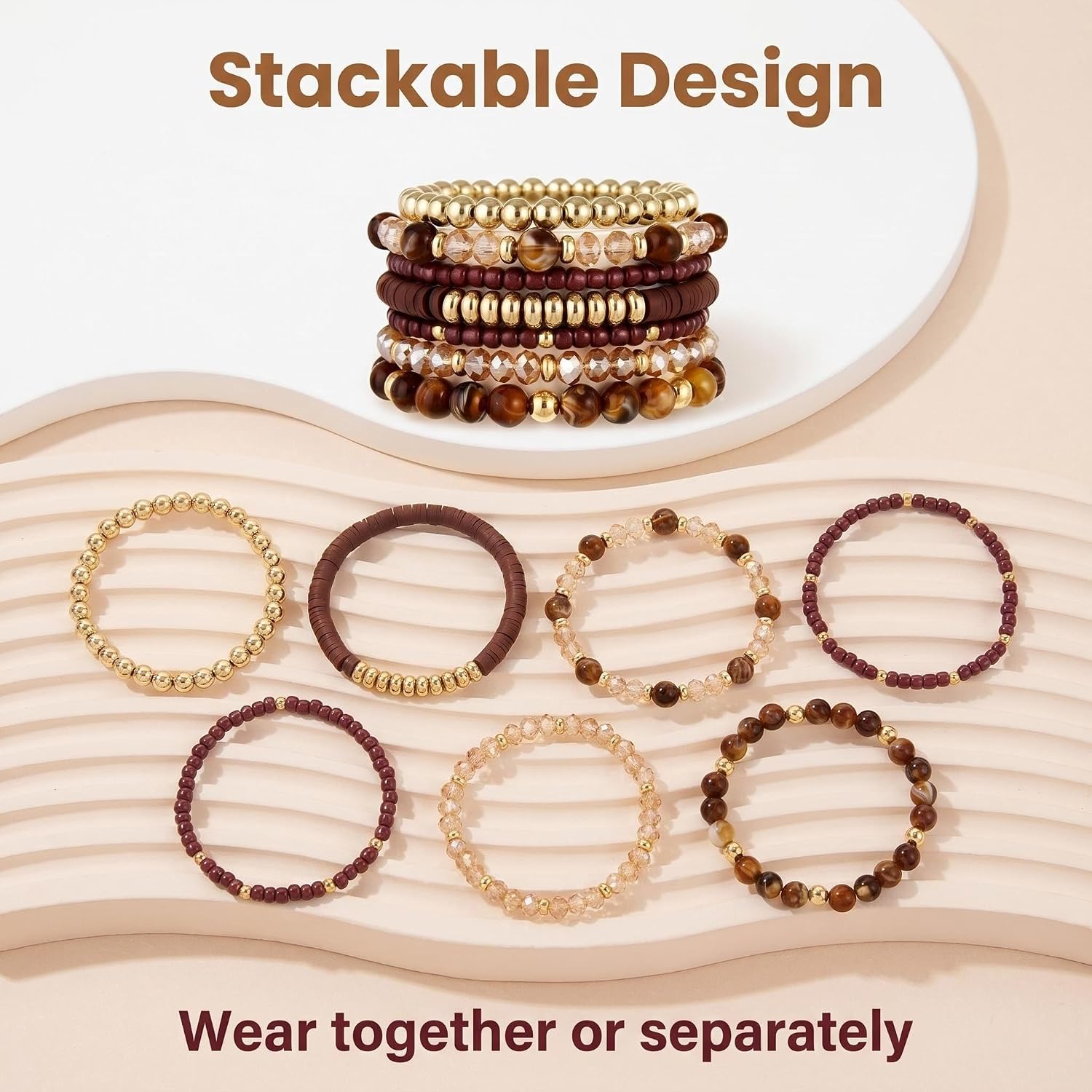 Black beaded stackable bracelets — multilayer stretch design, bohemian style — view 3
