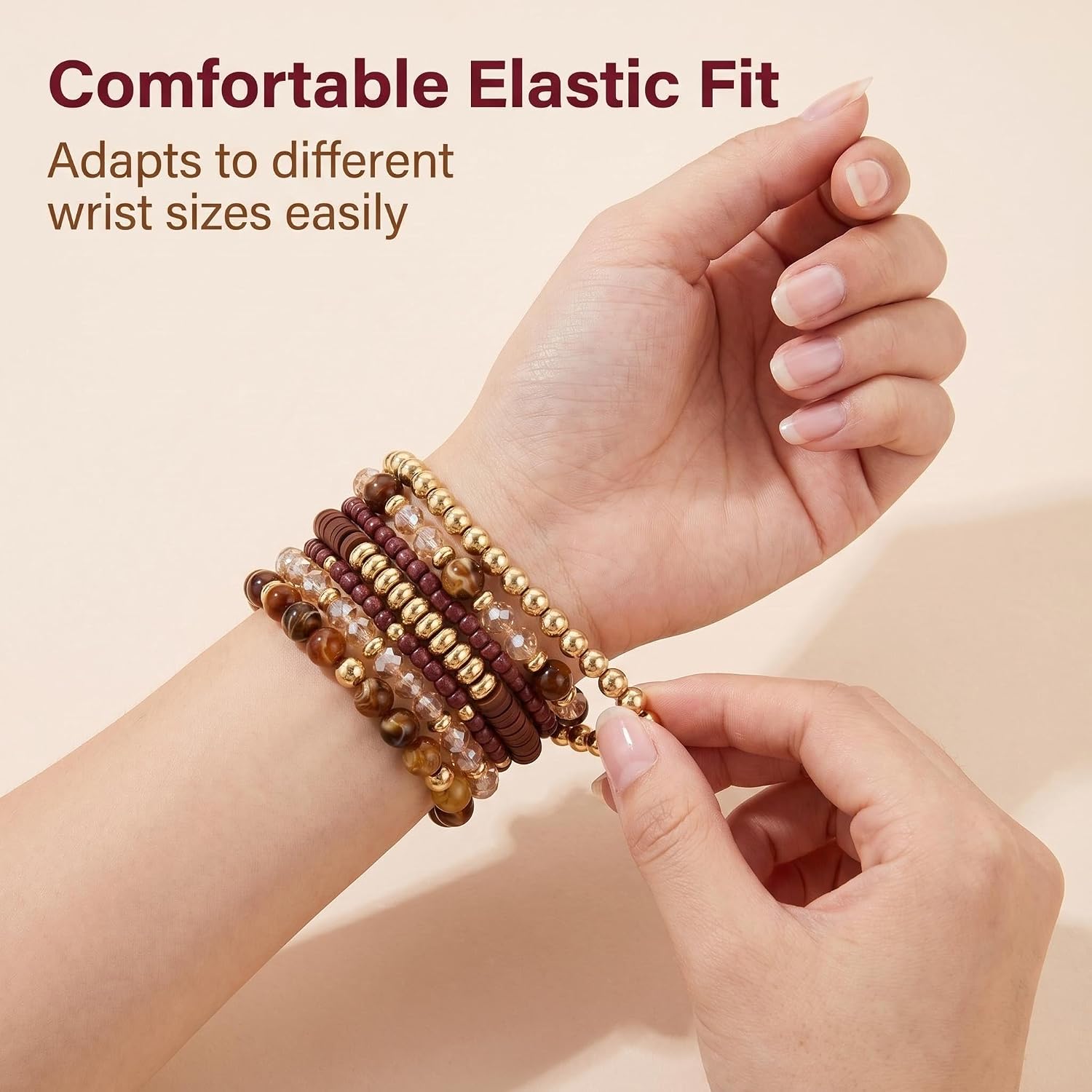 Black beaded stackable bracelets — multilayer stretch design, bohemian style — view 2