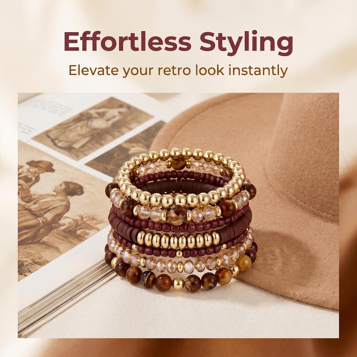 Black beaded stackable bracelets — multilayer stretch design, bohemian style — view 1
