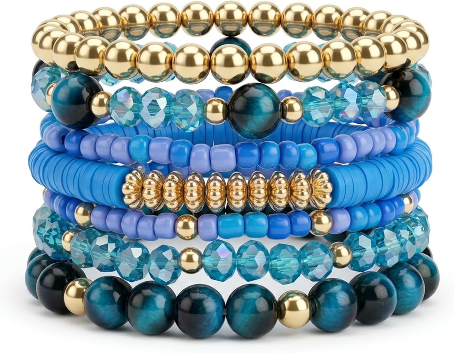 Black beaded stackable bracelets — multilayer stretch design, bohemian style — view 2