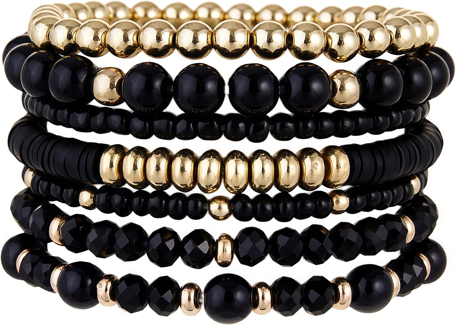 Black beaded stackable bracelets — multilayer stretch design, bohemian style — view 4