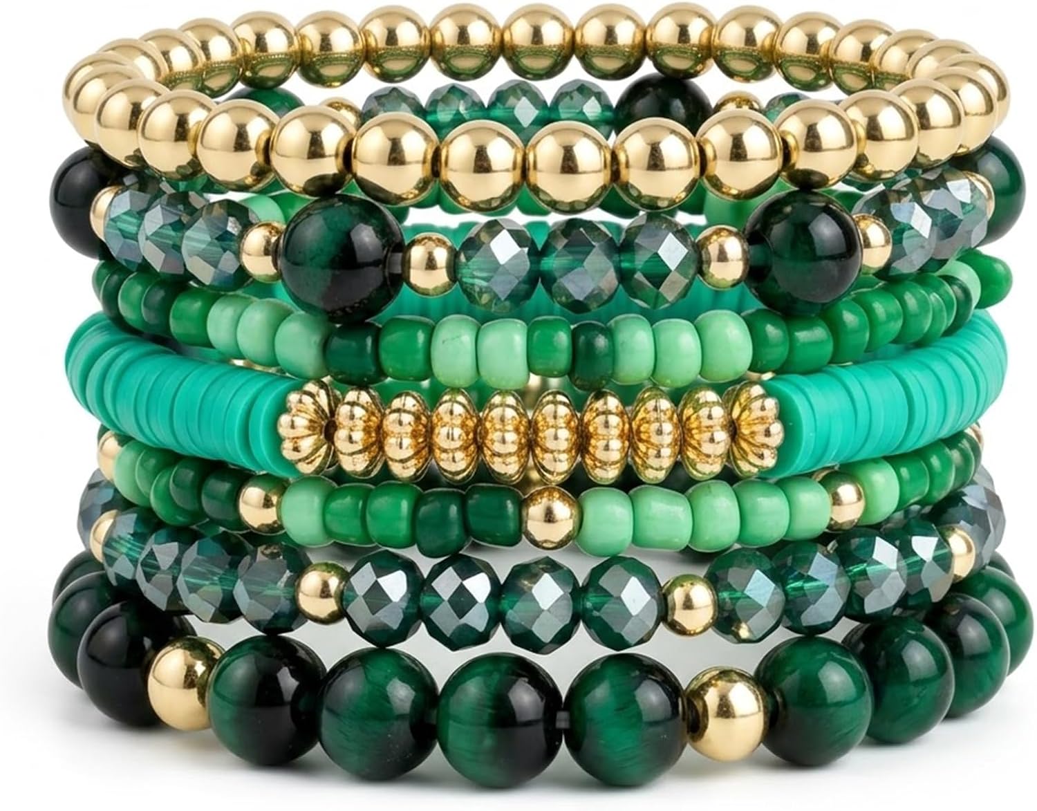 Black beaded stackable bracelets — multilayer stretch design, bohemian style — view 5