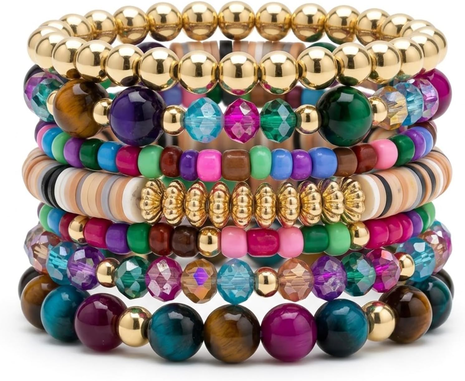 Black beaded stackable bracelets — multilayer stretch design, bohemian style — view 6